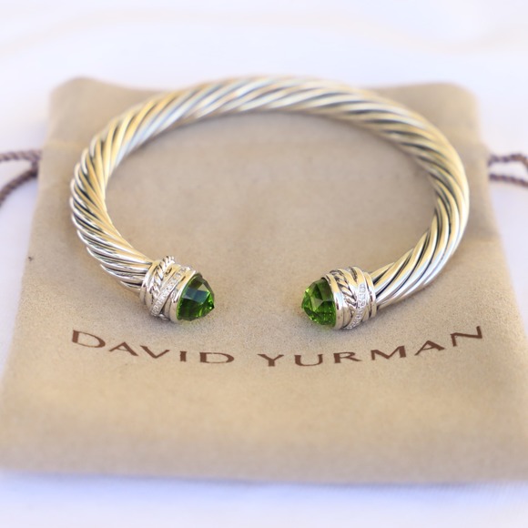 David Yurman Jewelry - David Yurman Sterling Silver 7mm Cable Crossover with Peridot & Diamonds